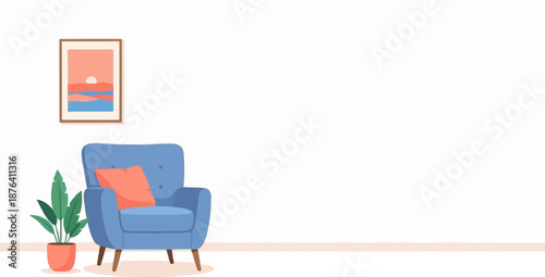 A cozy blue armchair sits next to a potted plant, with a framed abstract sunset artwork above