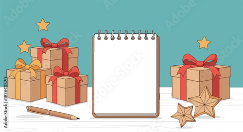 Wallpaper Mural A notebook rests on a table amidst wrapped gifts and festive stars, a pen nearby Torontodigital.ca