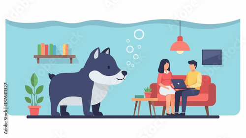 A dog in a room with people using a laptop