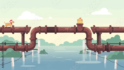 A dog in a Santa hat walks on a rusty pipe over water with a calm sky