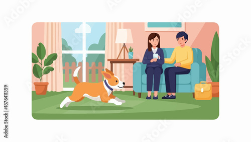A dog plays in a living room with a couple relaxing on the couch