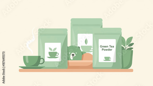 A charming illustration of green tea products and a bear