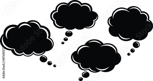 Cartoon-style illustration of four black thought bubbles with white outlines representing internal dialogue and thinking, isolated on white background