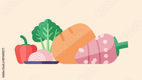 A charming collection of vibrant, stylized vegetables and a piece of bread on a plain background