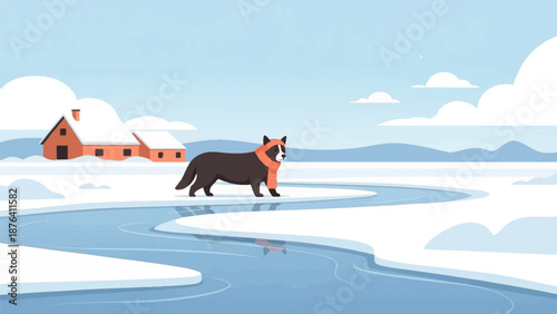 A dog wears a scarf near a snow-covered house by a winter river