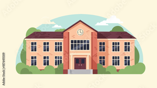 A classic school building with many windows, a prominent clock, and surrounding greenery under a pale sky