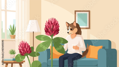 A dog-headed person relaxes indoors with potted plants and red clover flowers