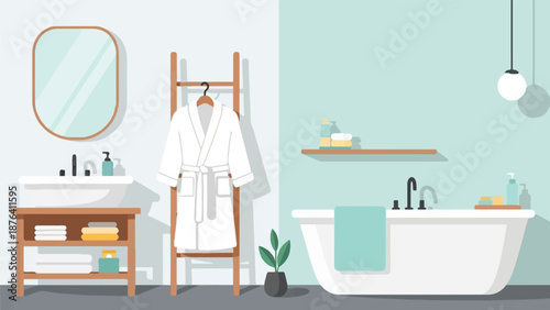 A clean and modern bathroom with a sink, bathtub, and hanging robe