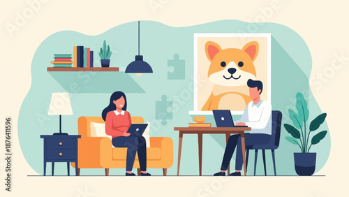 A cozy interior scene with two people working on laptops, a dog portrait, and home decor