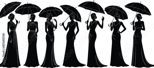Elegant women with umbrellas silhouette, fashion pose set, black vector illustration, editable design, isolated graceful style icons