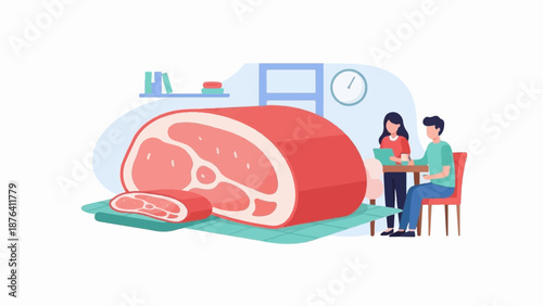 A large cut of red meat sits on a mat, with two people standing and sitting nearby, discussing it