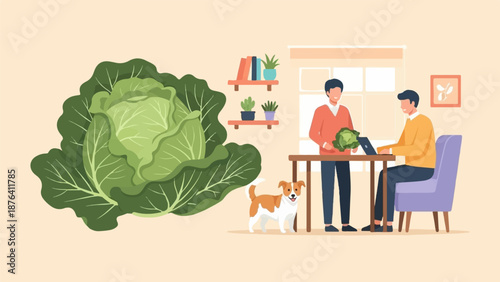 A large cabbage dominates the left, while two men and a dog interact in a room