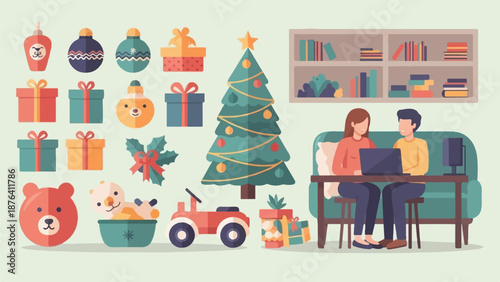 A cozy living space with Christmas decorations, gifts, and two people using a laptop