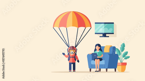 A character descends with a parachute, while another works on a laptop in a cozy indoor setting