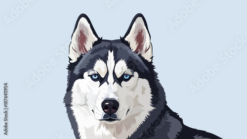 A close-up, stylized portrait of a husky dog with striking blue eyes on a pale blue background