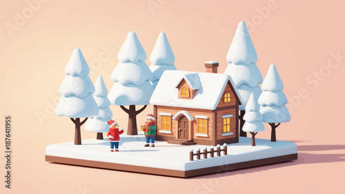 A cozy, snow-covered cabin with two figures in festive hats exchanging gifts
