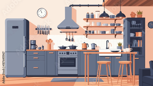 A cozy, sunlit kitchen with a refrigerator, stove, island, and pantry