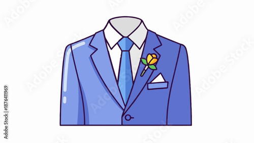 A cartoonish blue suit with a light blue tie and yellow boutonnière