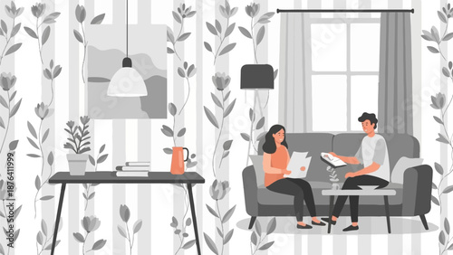 A couple relaxes in a living room with floral wallpaper