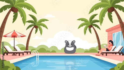 A cute badger and woman relax by a pool with palm trees under a soft sky