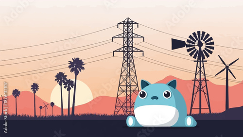 A cute blue creature sits in a desolate landscape with palm trees, windmills, and power lines at sunset