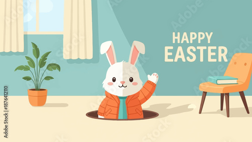 A cute cartoon bunny in an orange coat peeks from a hole, waving hello, with a plant, chair, and book