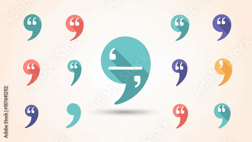 A collection of colorful quotation mark icons with a long shadow effect on a textured background