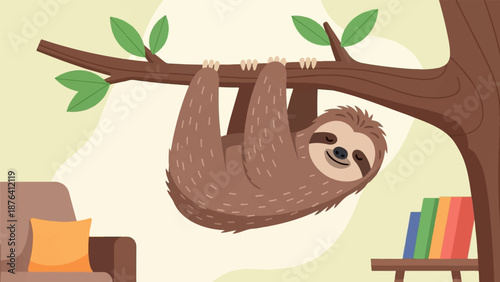 A cute, brown sloth hangs upside down from a tree branch in a cozy room