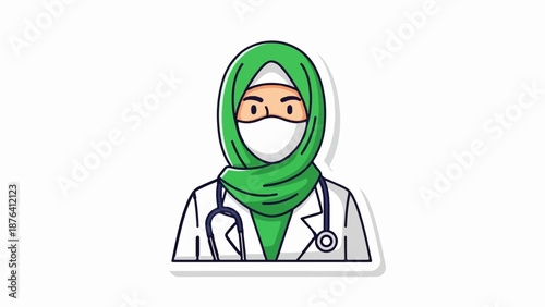 A cartoon illustration of a female doctor wearing a green hijab and white medical coat