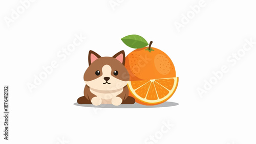 A cute cartoon dog sits next to a halved orange with a leaf