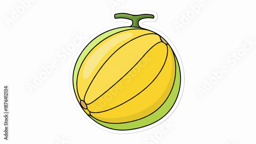 A cartoon illustration of a yellow melon with green rind and a green stem