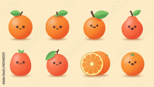 A collection of cute, cartoon-style oranges and one pear, each with simple faces, displayed on a plain background