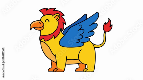 A cartoon griffin with yellow body, blue wings, and red accents on mane, tail, and crest