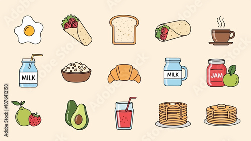 A collection of diverse breakfast items and fruits, rendered in a simple cartoon style