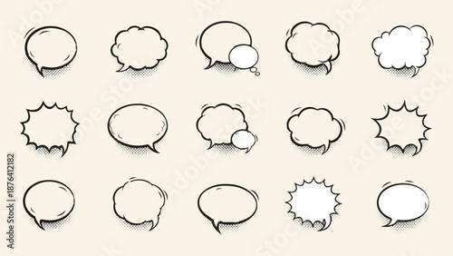 A collection of diverse speech bubble shapes, outlined in black ink with a subtle halftone dot pattern