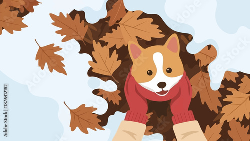 A cute corgi wearing a red scarf peeks through fallen autumn leaves
