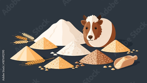 A cute cow is surrounded by piles of flour and grains on a dark blue background