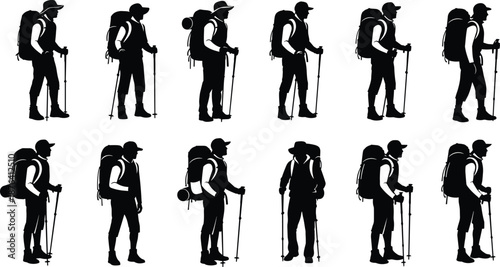 Hiker silhouette icon set, trekking pole poses and backpack gear, black vector illustration, editable design, isolated outdoor symbols
