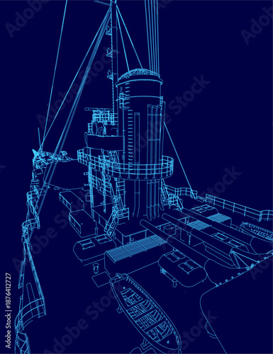 A vintage battleship blueprint in 3D, featuring detailed hull contours, a complex superstructure, and intricate mechanical features on a solid blue background.