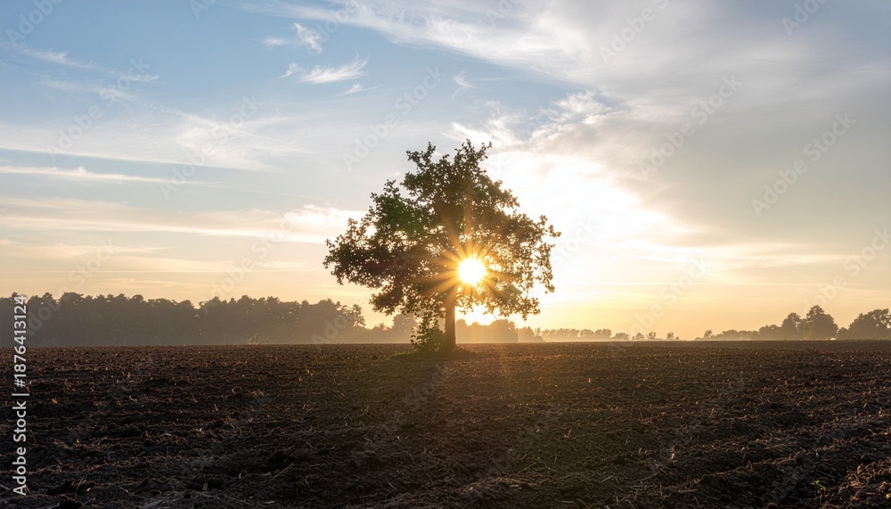 Fototapeta premium Single Tree Silhouetted by Sunrise in Open Field