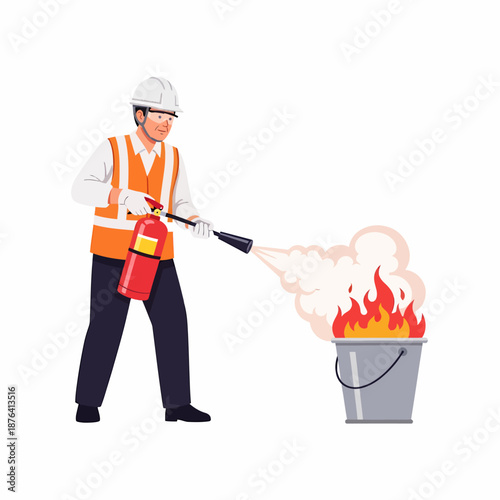 A man in safety gear extinguishing a fire in a bucket with a fire extinguisher.