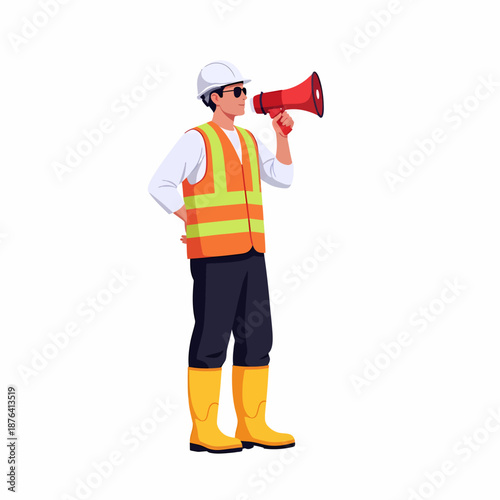 Construction worker or foreman in safety gear making an announcement with a megaphone.