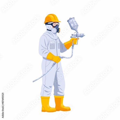 A person in full protective gear holding a spray gun, ready for industrial painting or chemical application.