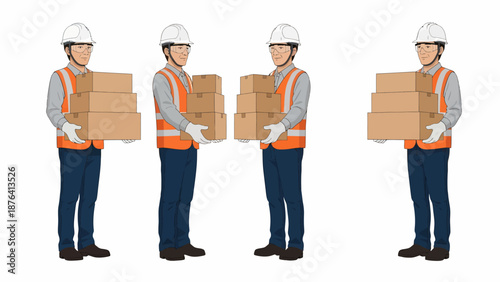 Four workers in safety gear holding stacks of cardboard boxes, representing delivery or logistics.