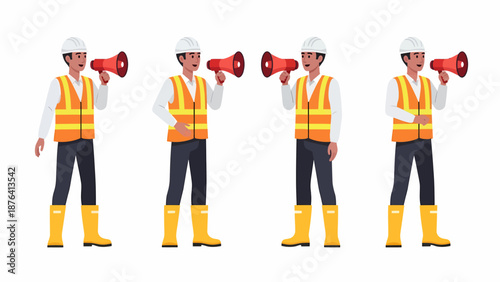 A man in safety gear holding a megaphone, depicted four times as an illustration.