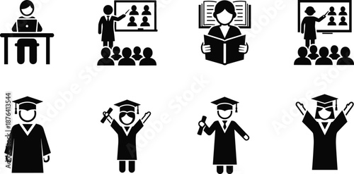 Education and graduation icons set, student learning symbols, teacher classroom illustration, reading and studying graphics, graduate celebration figures, academic success pictogram collection