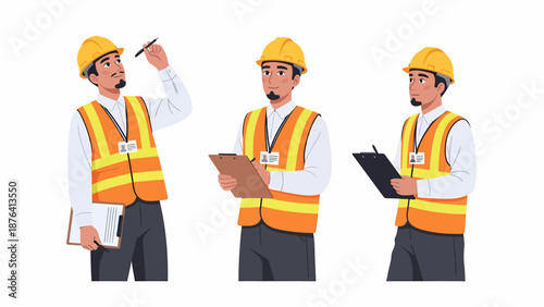 Three poses of a male construction worker or safety inspector wearing a hard hat and reflective vest, holding a clipboard and pen.