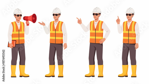 Four cartoon illustrations of a male construction worker in various poses, wearing safety gear.