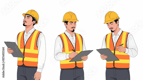 Three poses of a male construction worker or engineer wearing a hard hat and safety vest, holding a clipboard and pen.