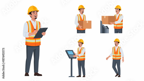 Set of illustrations depicting a male construction or warehouse worker performing various tasks in safety gear.